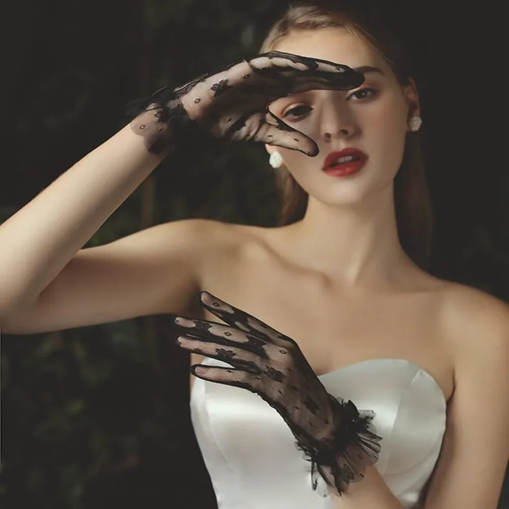 Women's Black#1 Evening Short Bow Pearls Lace Ruffle Gloves Wedding Party Prom
